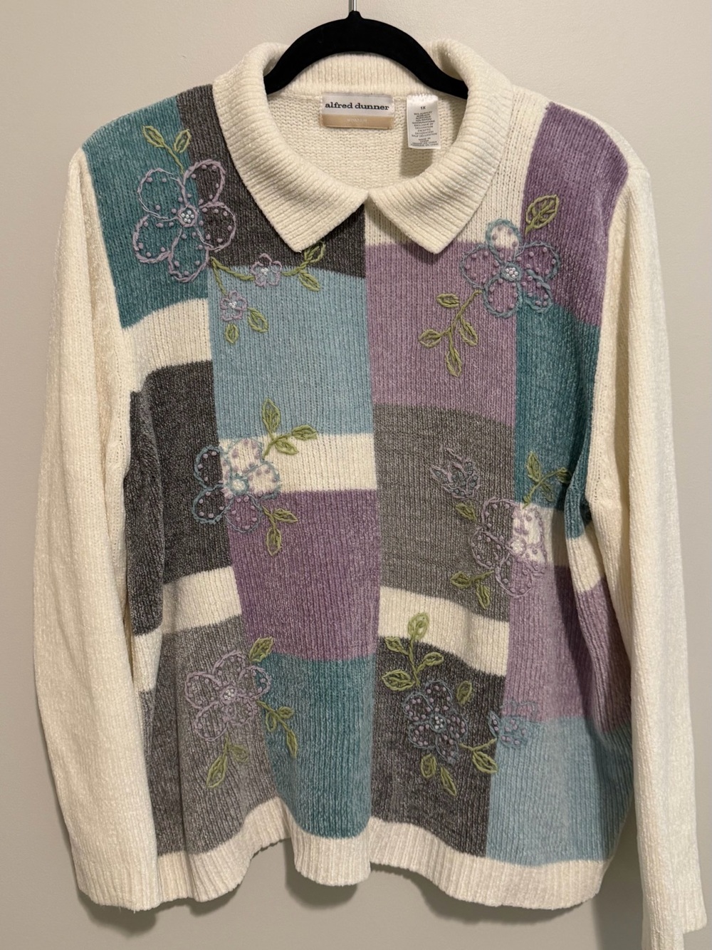Alfred Dunner Cream Multicolor Floral Patchwork Polo Sweater